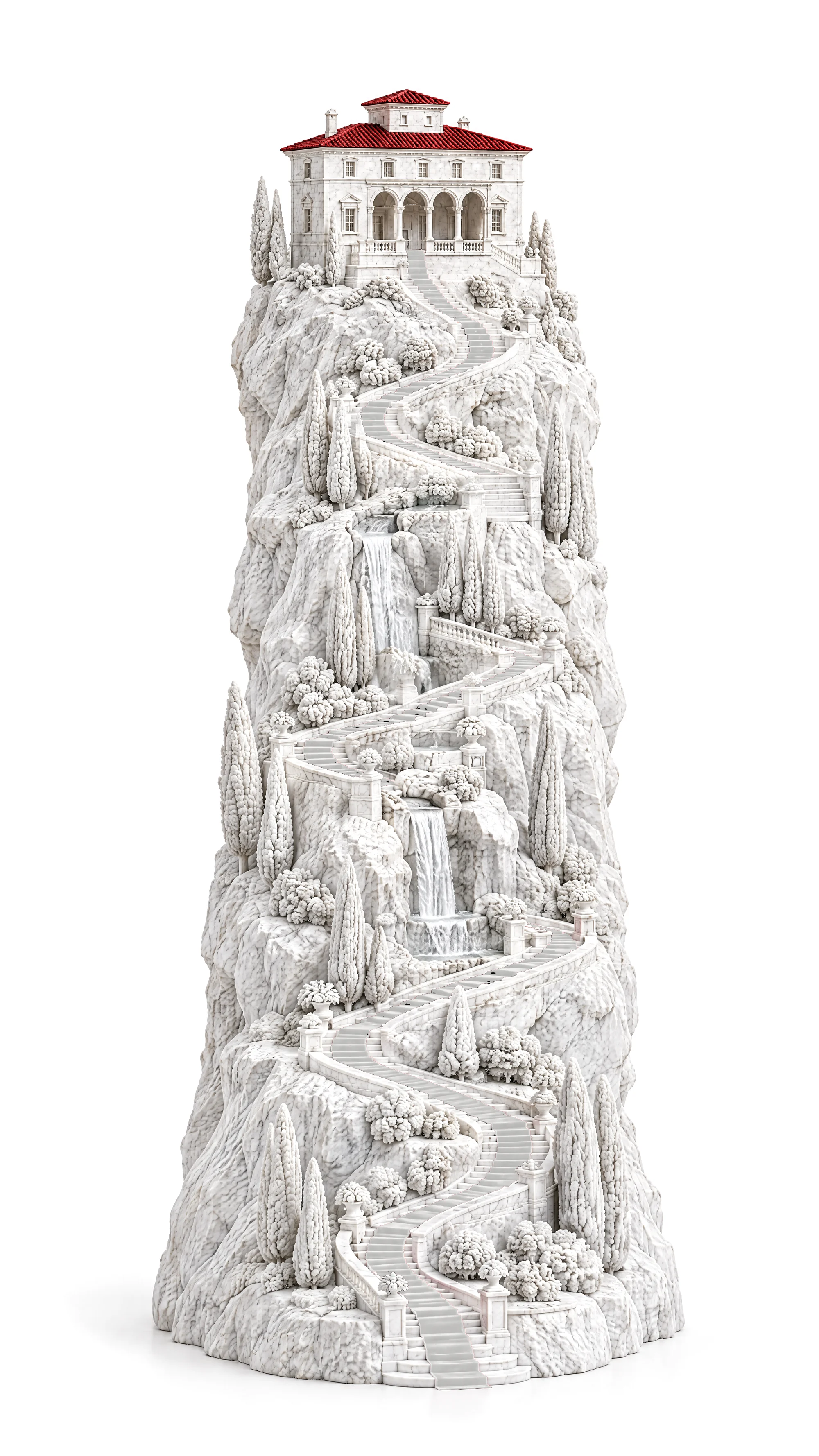 A marble hillside with a winding path climbing to the villa of Careggi at the top